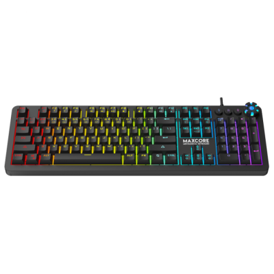 Teclado preto com luzes RGB e botão de controlo circular