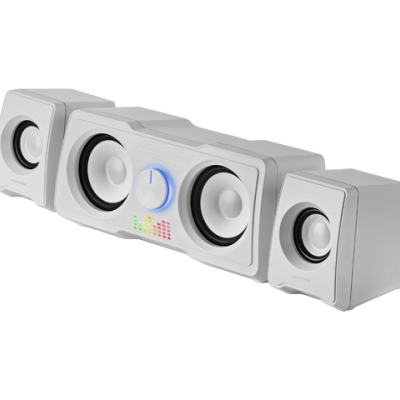 Colunas estéreo cinza claro e escuro com controlador e luz azul