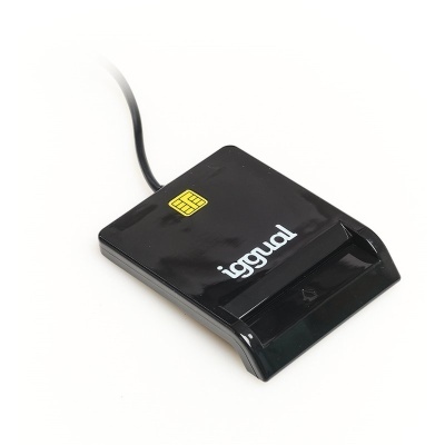 Leitor de smart card preto com cabo e texto iggual