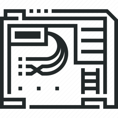 Esquema de placa de circuito eletrônico em linha preta sobre fundo listrado