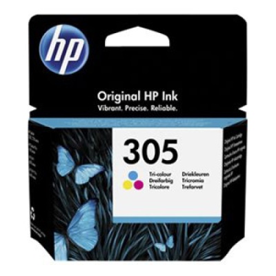 Embalagem de tinta original HP 305 tri-colour com design preto e azul com borboletas azuis