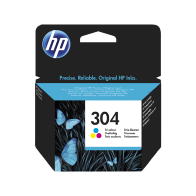 Embalagem de tinta HP 304 azul com borboletas