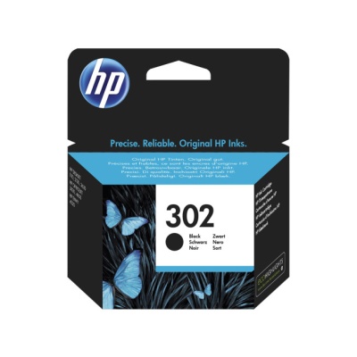 Embalagem de tinta HP 302 preta com borboletas azuis