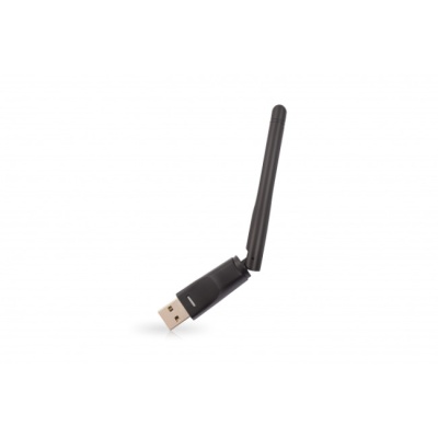 Adaptador USB Wi-Fi preto com antena ajustável sobre fundo branco