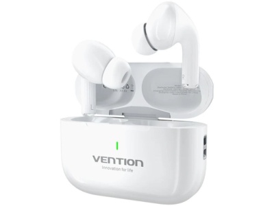 Auriculares sem fios brancos com estojo de carregamento branco e texto VENTION
