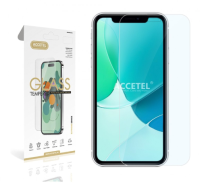 Vidro temperado ACCETEL para telemóvel com embalagem e telemóvel exibindo o protetor