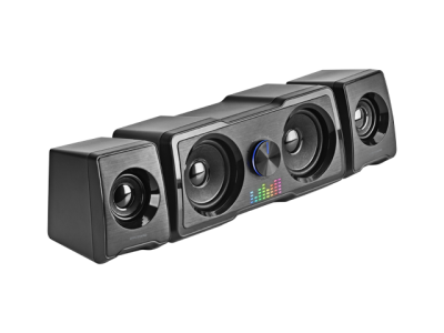 Sistema de colunas áudio preto com controle central e efeito equalizador