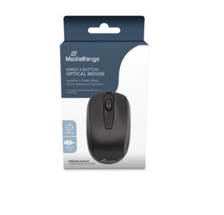 Rato ótico preto com três botões na embalagem da MediaRange