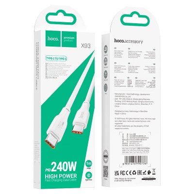 Caixa de cabo de carregamento rápido branco hoco. X93 tipo C para tipo C 240W 1m