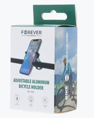 Embalagem suporte de bicicleta ajustável em alumínio com imagem de telemóvel e ciclista