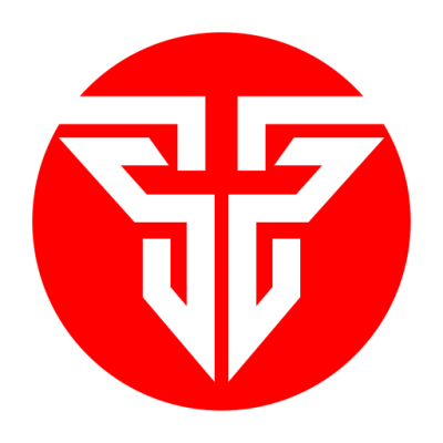 Logótipo circular vermelho com figura geométrica preta abstrata no centro