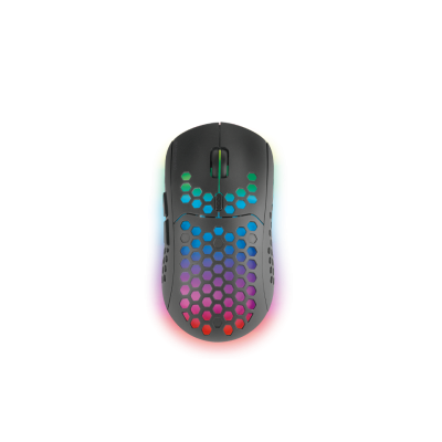 Rato de videojogo preto com iluminação RGB e favo de mel