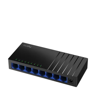 Switch de rede preto com 8 portas Ethernet azuis e luzes LED verdes