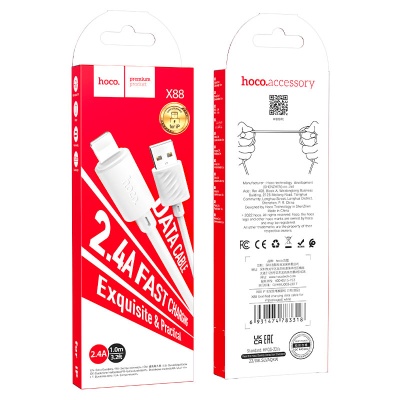 Embalagem de cabo de dados USB hoco. X88 2.4A Fast Charging vermelho e branco