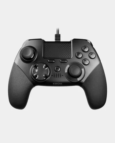 Comando de jogos preto KROM com botões analógicos e botões SHARE e OPTIONS.