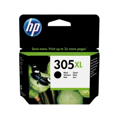Embalagem de tinta HP 305XL preta com imagem de borboleta e fruto verde