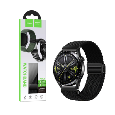 Pulseira preta trançada para relógio ao lado da embalagem com texto e imagens do produto