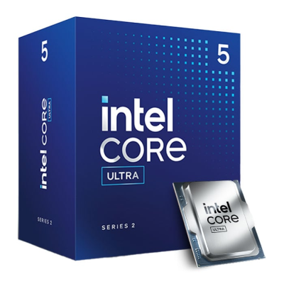 Caixa azul de processador Intel Core i5 Ultra Series 2 com processador em destaque