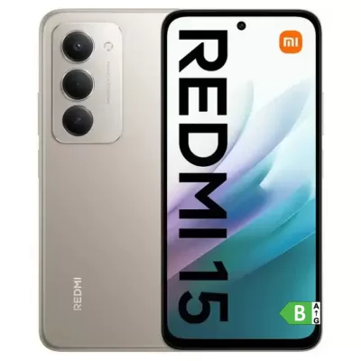Smartphone Redmi 15 prateado com três câmaras traseiras e ecrã frontal com texto e logótipo
