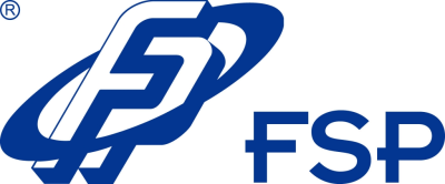 Logotipo azul da FSP com letras FS estilizadas