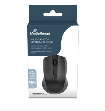 Rato ótico com fios MediaRange preto em embalagem branca e azul