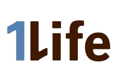 Logotipo com o texto '1Life' em azul e castanho