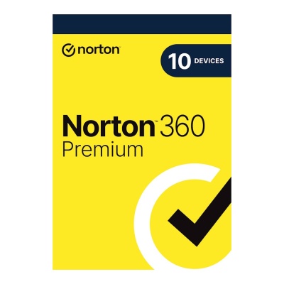 Embalagem do software Norton 360 Premium para 10 dispositivos em amarelo e azul escuro