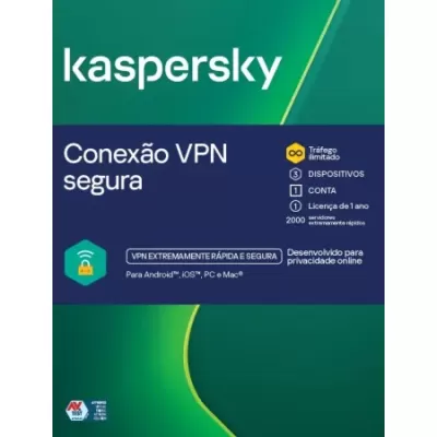 Embalagem do software Kaspersky VPN segura com texto em português