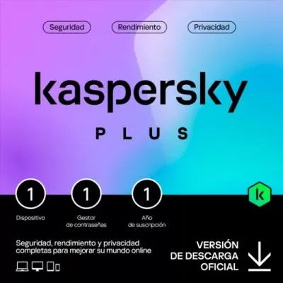 Imagem promocional do software Kaspersky Plus com texto em espanhol e ícones pretos e verdes