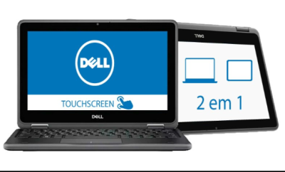 Dois portáteis Dell pretos, um aberto com ecrã tátil e outro em modo tablet com texto 2 em 1