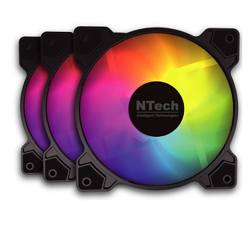 Três ventoinhas RGB para computador com luzes coloridas e centro preto com texto NTech