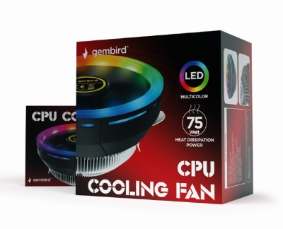 Ventoinha de arrefecimento para CPU gembird com LEDs coloridos e embalagem preta e vermelha