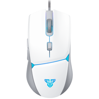 Rato de computador branco com detalhes cinza e azuis e cabo ligado.