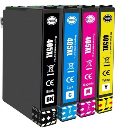 Quatro tinteiros de impressora em preto, ciano, magenta e amarelo com etiquetas e texto