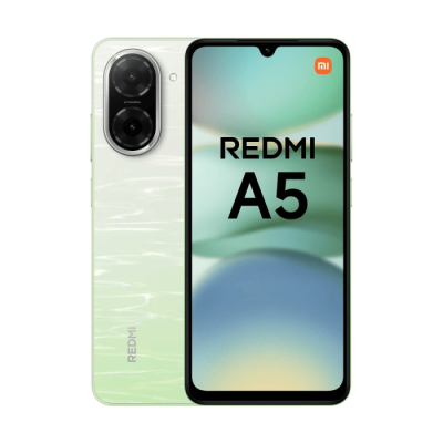 Smartphone Redmi A5 verde claro com ecrã frontal preto e câmara dupla traseira
