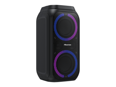 Coluna de som portátil HISENSE preta com iluminação LED azul e roxa
