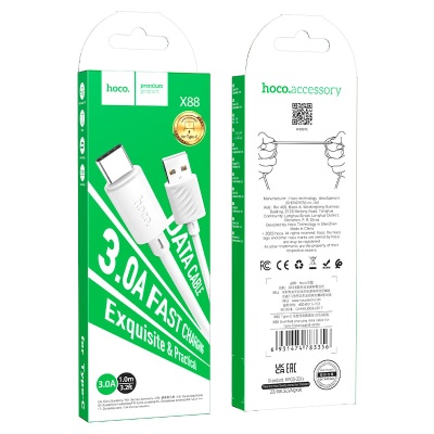 Embalagem verde e branca de cabo USB Type-C hoco. X88 com informações do fabricante