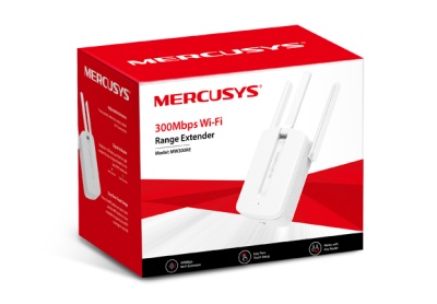 Embalagem do repetidor Wi-Fi MERCUSYS 300Mbps MW300RE com design vermelho e branco