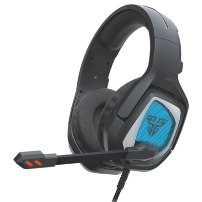 Auscultadores gaming preto e azul com microfone e earpads cinzentos