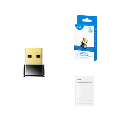 Adaptador Wi-Fi nano USB AX300 da marca Cudy com conector dourado e corpo preto e caixa azul e branca