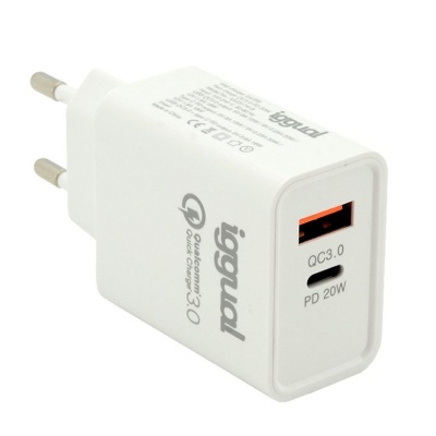 Carregador de parede branco com duas portas USB QC3.0 e PD 20W