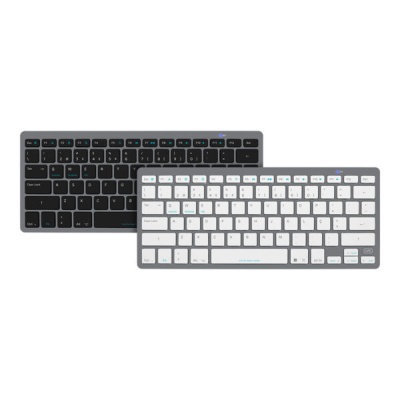 Dois teclados compactos sem fios, um preto e um branco, sobre fundo branco.