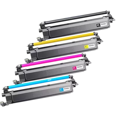 Quatro toners de impressora coloridos com etiquetas