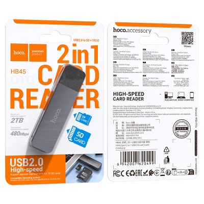 Leitor de cartões USB 2.0 2 em 1 hoco. HB45 cinza metálico na embalagem