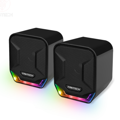 Colunas de computador Fantech pretas com luz LED RGB multicolorida na base