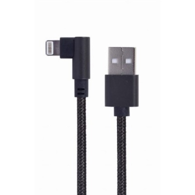 Cabo USB com conector USB-A e Lightning a 90 graus preto com revestimento em nylon