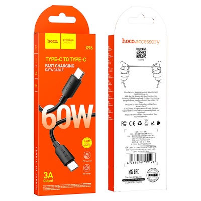 Embalagem de cabo Type-C to Type-C hoco. X96 laranja e branca com texto e código de barras