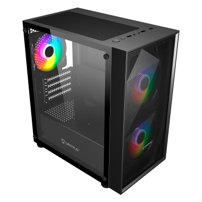Gabinete PC preto com painel lateral em vidro e ventoinhas RGB iluminadas