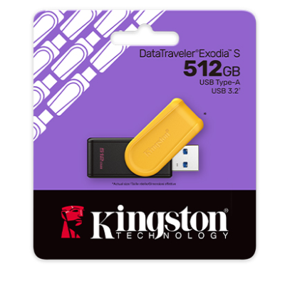 Pen USB Kingston DataTraveler Exodia S 512GB preto e amarelo na embalagem roxa e preta