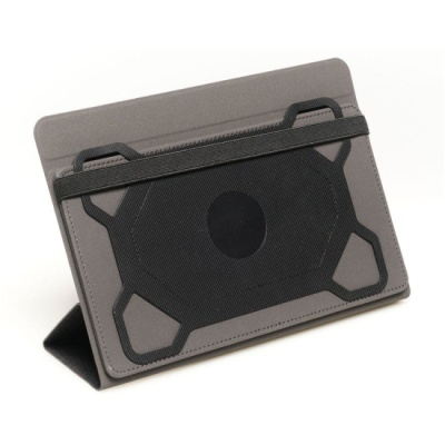 Suporte para tablet cinza com faixa preta e padrão hexagonal preto